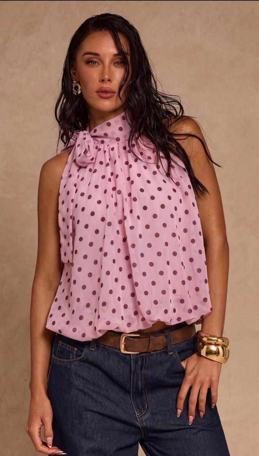 Polka Dot Tie Neck Blouse