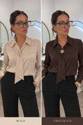 Elegant Tie-Neck Blouse with Gold Detail