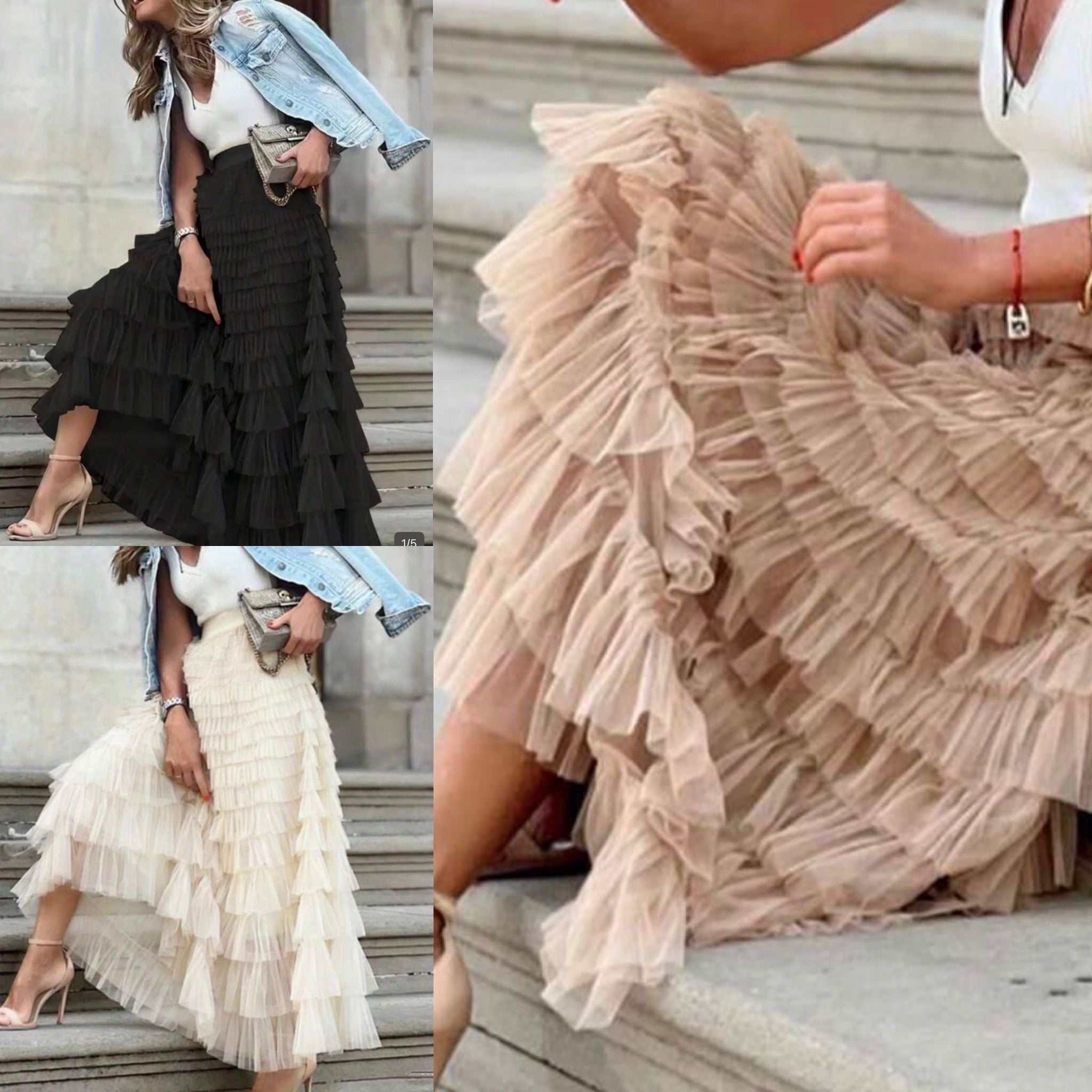 Tiered Ruffle Tulle Midi Skirt