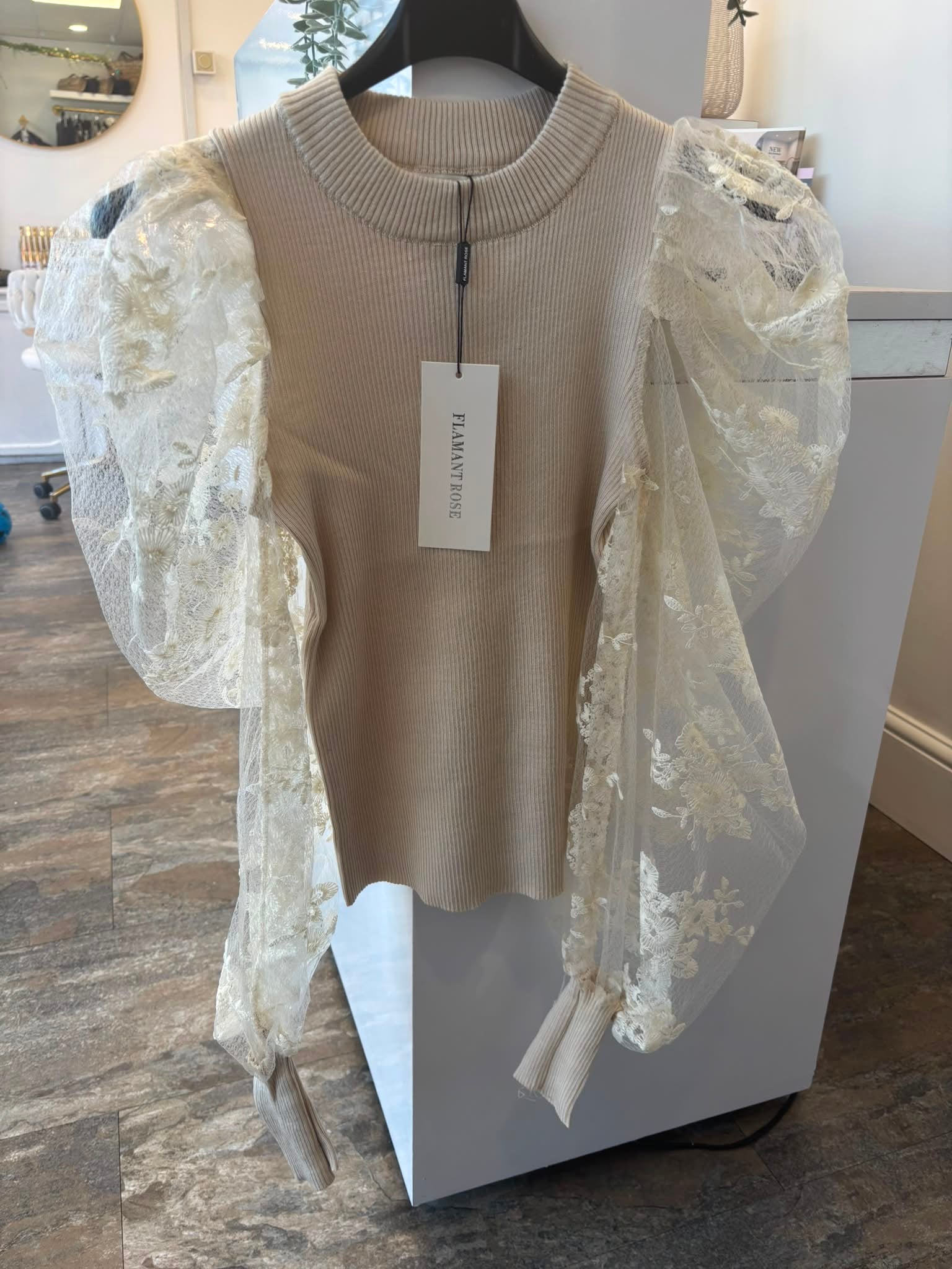 Lace Sleeve Ribbed Knit Top