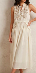 Embroidered Tie-Neck Midi Dress