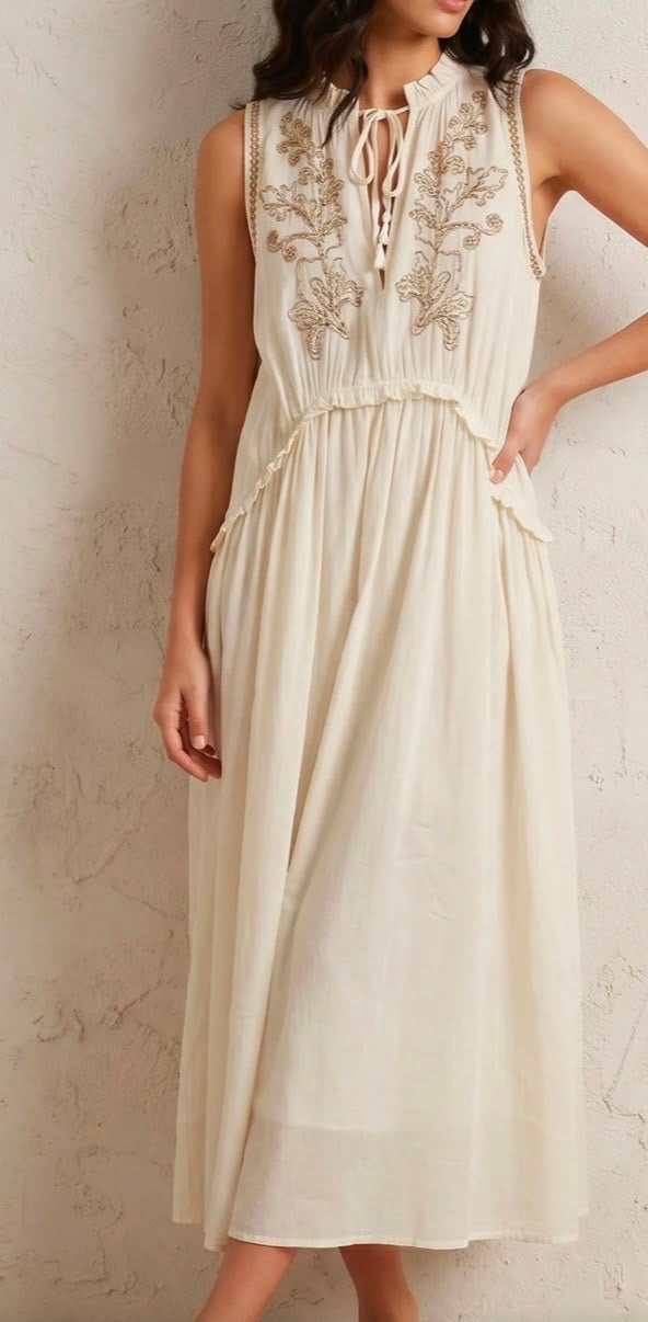 Embroidered Tie-Neck Midi Dress