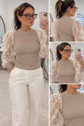 Lace Sleeve Ribbed Knit Top
