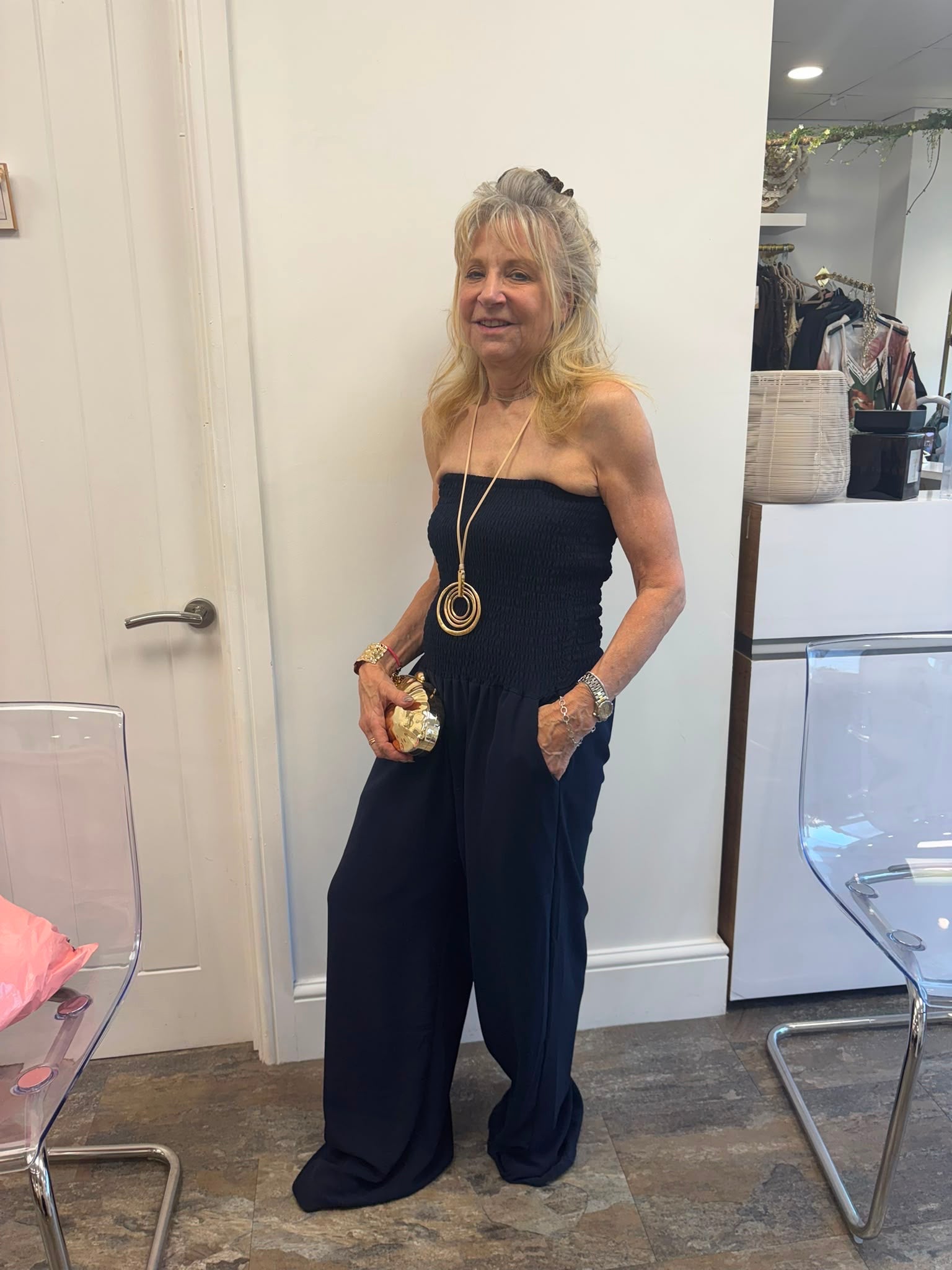 Strapless Shirred Wide Leg Jumpsuit