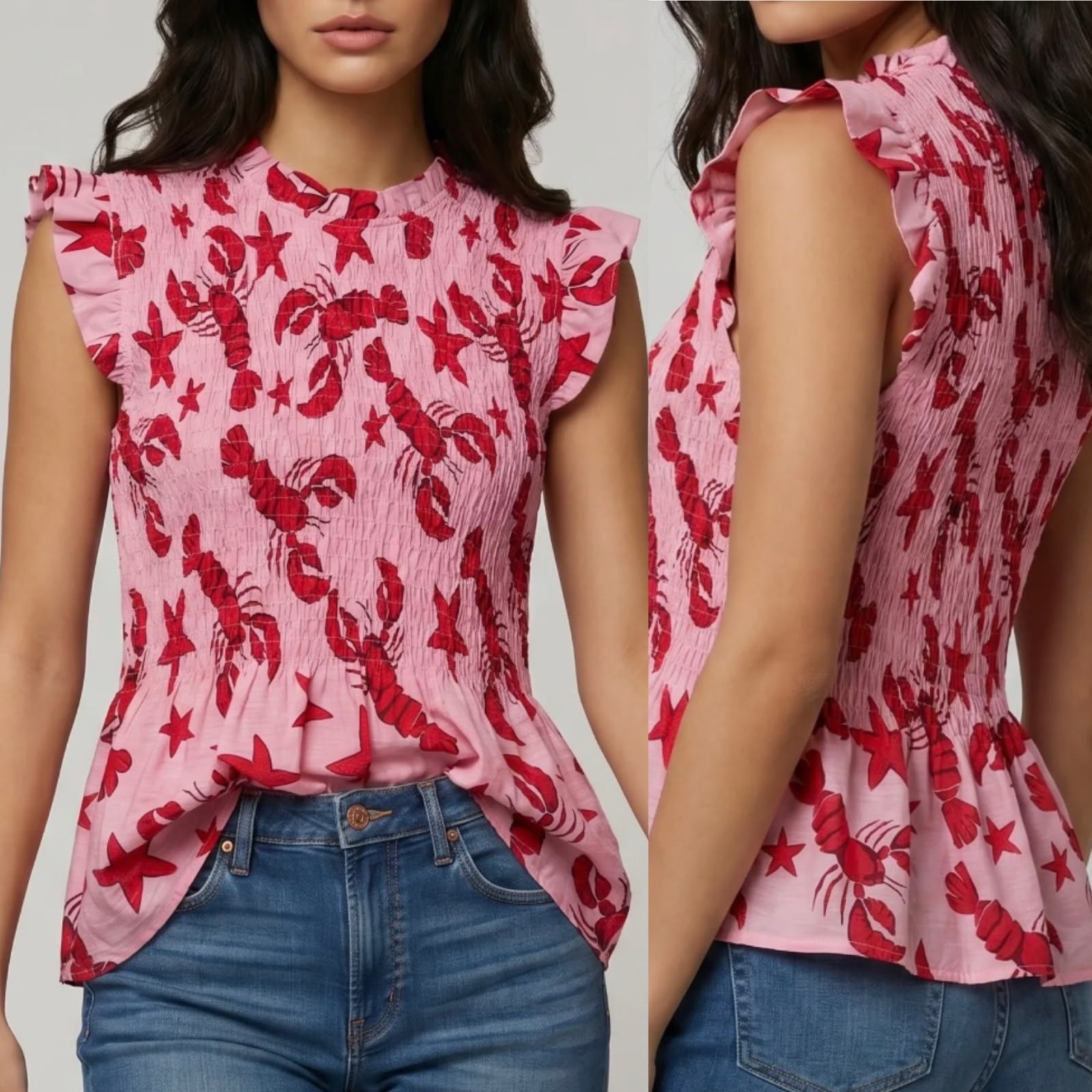 Lobster Print Shirred Peplum Top