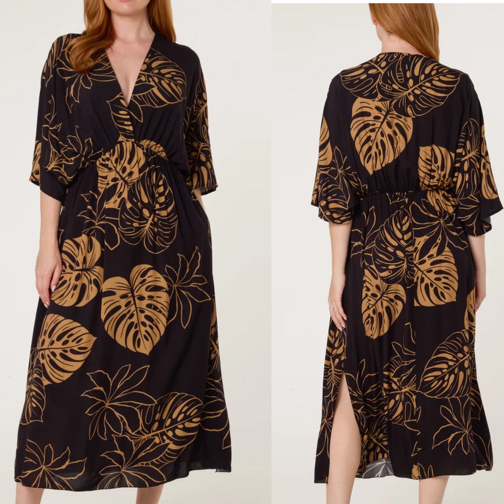Tropical Leaf Print Midi Dress