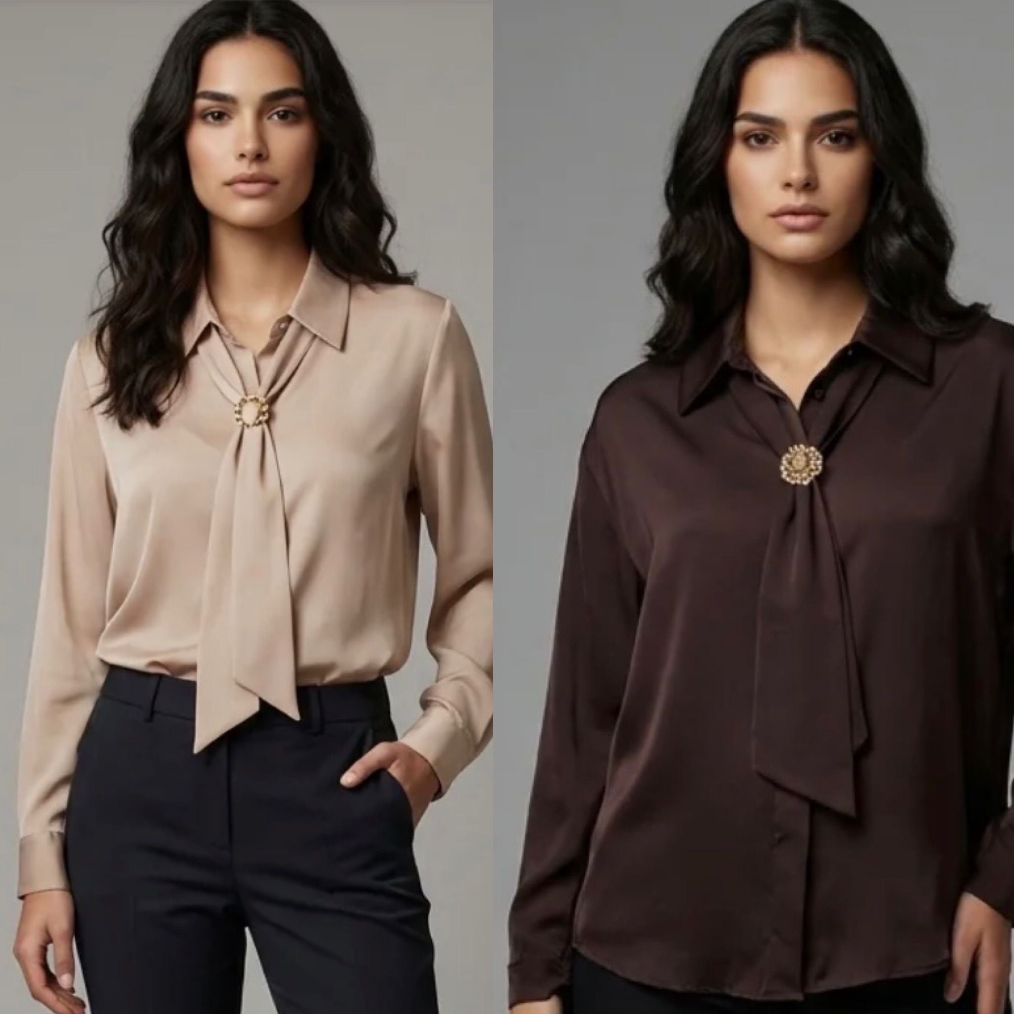 Elegant Tie-Neck Blouse with Gold Detail