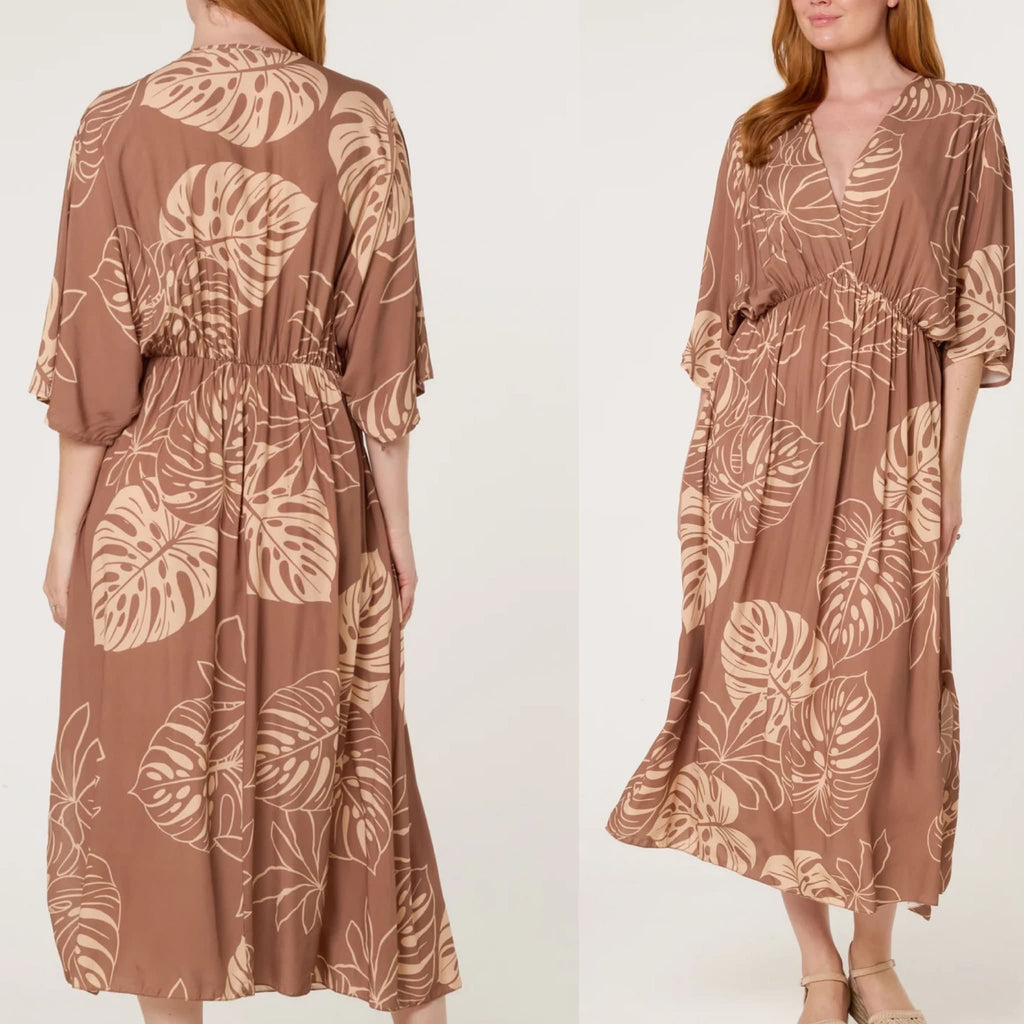 Tropical Leaf Print Midi Dress
